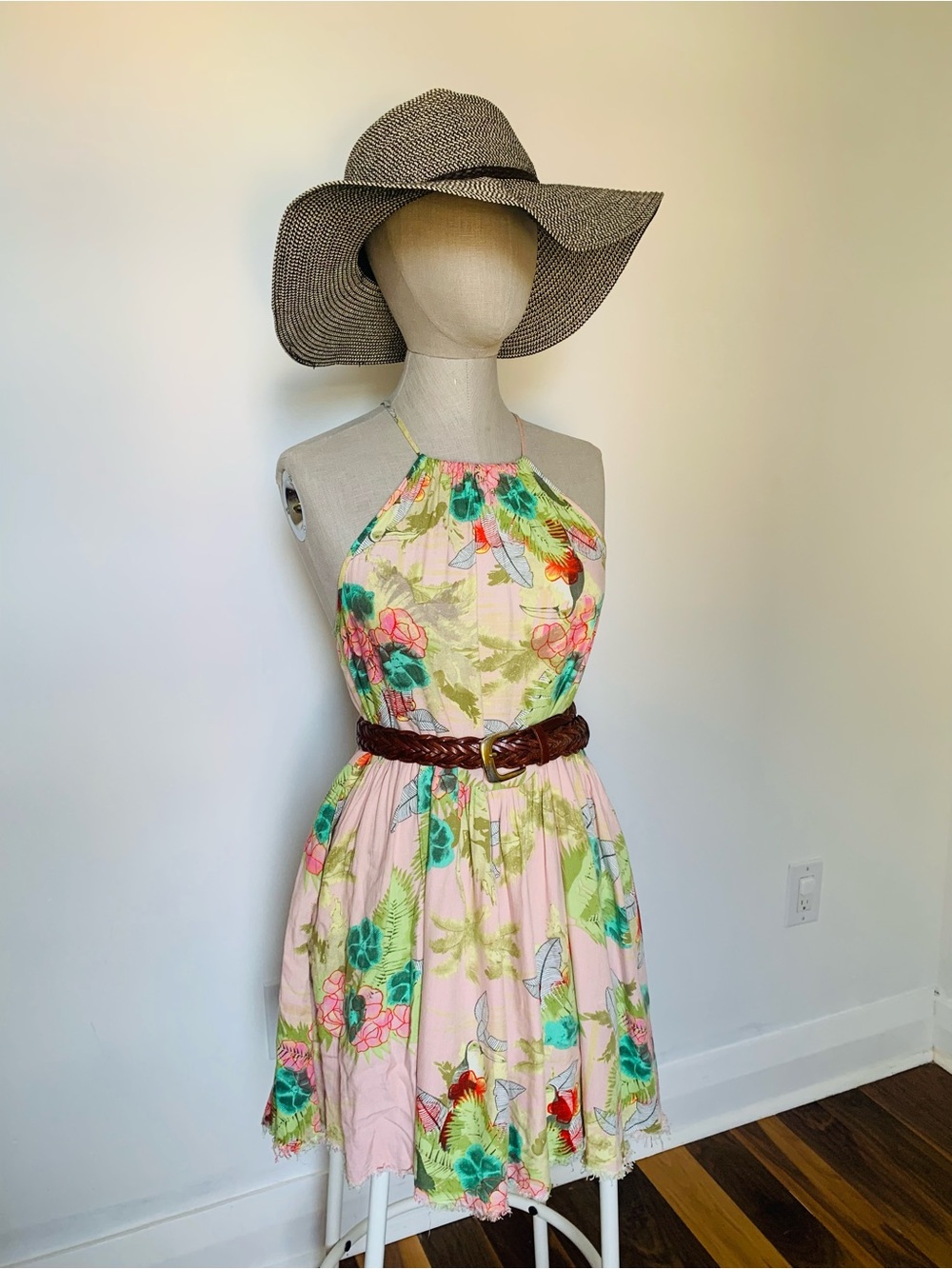 High-neck, halter dress with raw hem, size M